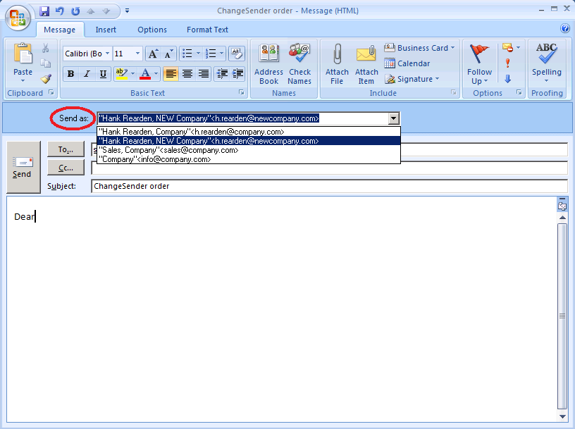 Screenshot of ChangeSender in Outlook 2007