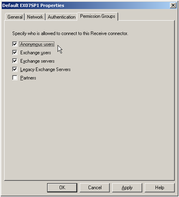 Receive Connector Exchange. SMTP Connector. Windows Server 2007. Permissions ex. Group permissions