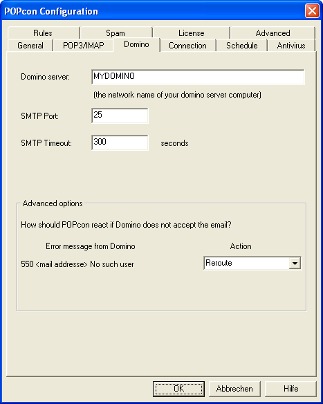 POPcon NOTES SMTP/Domino settings screenshot