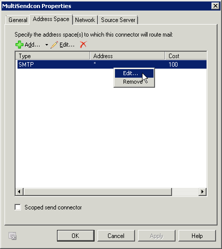 Exchange send connector Address Space properties - click for full size Exchange send connector Address Space properties - click for full size