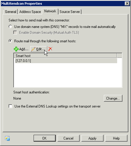Exchange send connector network properties - click for full size Exchange send connector network properties - click for full size