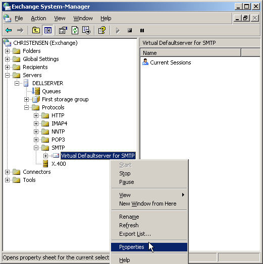 • You will find the settings for the SMTP server under Servers/Protocols/SMTP/Default SMTP Virtual Server. Open the properties by right-clicking on the Default SMTP Virtual Server and choosing "Properties" • You will find the settings for the SMTP server under Servers/Protocols/SMTP/Default SMTP Virtual Server. Open the properties by right-clicking on the Default SMTP Virtual Server and choosing "Properties"