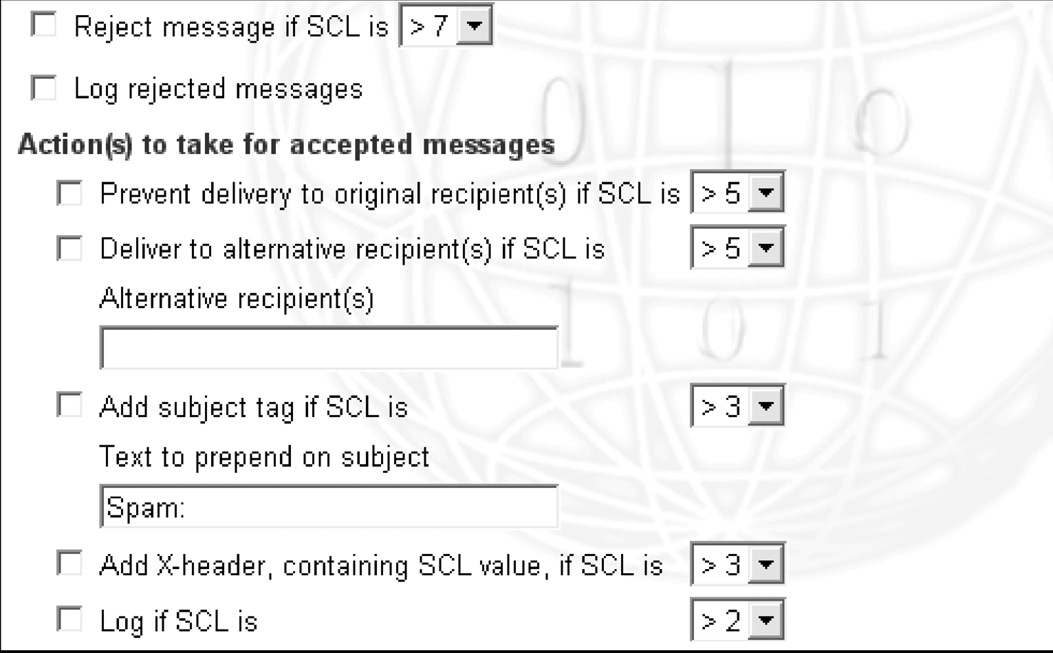 click for full size It could also be the antispam portion of any antivirus software installed on the server. Most antivirus packages nowadays include antispam features you might not even be aware of. In the Symantec mail security product for example you need to uncheck the rejection options here