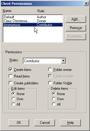 Screenshot: Client permissions of a mail-enabled public folder. Client permissions of a mail-enabled public folder.